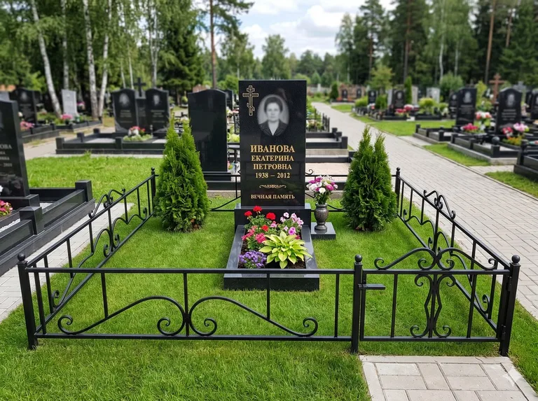 Зелёный газон на могильном участке в Кемерово