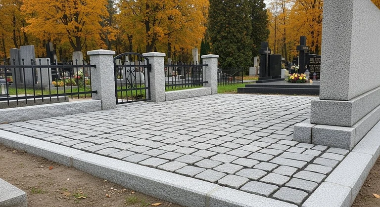 Благоустройство захоронений в Кемерово — мощение гранитной плиткой, цоколь и ограда на ухоженном участке