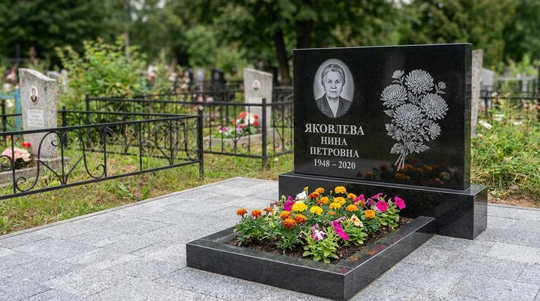 Гравировка хризантем на памятник в Кемерово — пример работы на граните