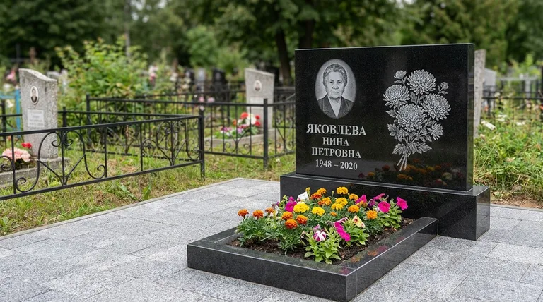 Памятник с гравировкой хризантем — выполненная работа «Соколов» в Кемерово