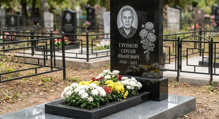 Памятник с гравировкой хризантем — выполненная работа «Громов» в Кемерово