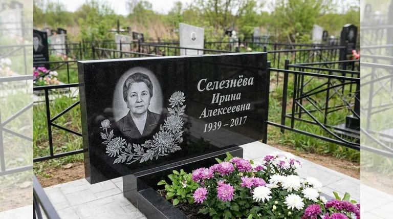 Памятник с гравировкой хризантем — выполненная работа «Селезнёва» в Кемерово