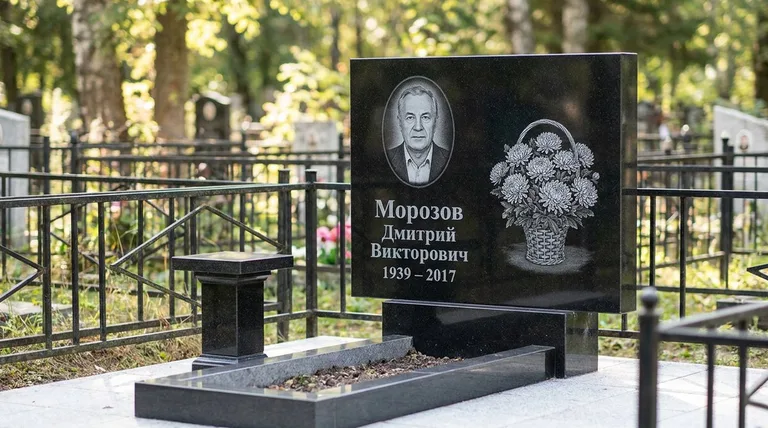 Памятник с гравировкой хризантем — выполненная работа «Морозов» в Кемерово