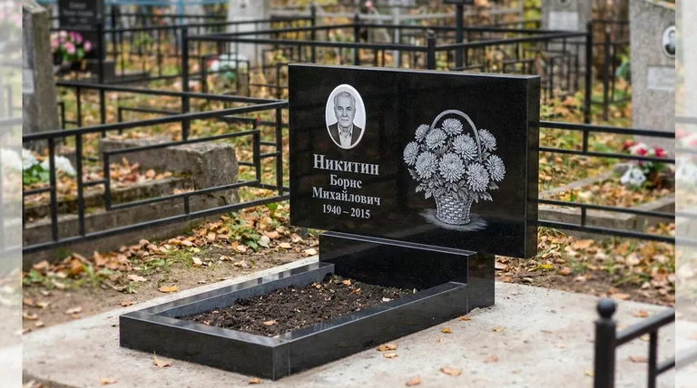 Памятник с гравировкой хризантем — выполненная работа «Никитин» в Кемерово