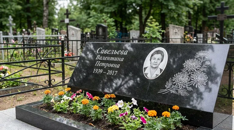 Памятник с гравировкой хризантем — выполненная работа «Савельева» в Кемерово