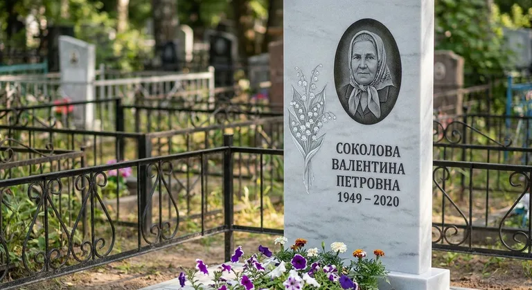 Памятник с гравировкой ландышей — выполненная работа «Соколова» в Кемерово