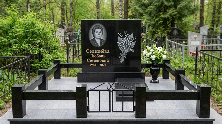 Памятник с гравировкой ландышей — выполненная работа «Селезнёва» в Кемерово