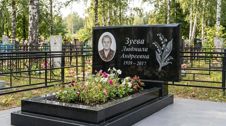 Памятник с гравировкой ландышей — выполненная работа «Зуева» в Кемерово