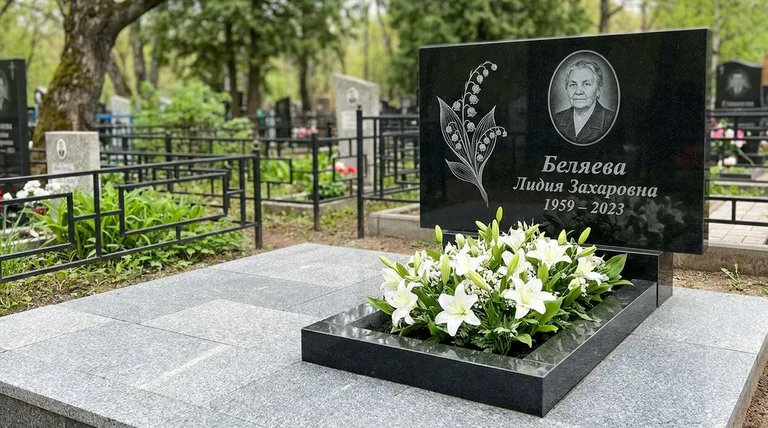 Памятник с гравировкой ландышей — выполненная работа «Беляева» в Кемерово