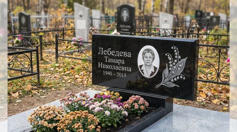 Памятник с гравировкой ландышей — выполненная работа «Лебедева» в Кемерово