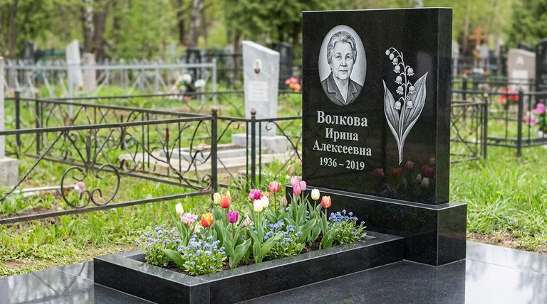 Памятник с гравировкой ландышей — выполненная работа «Волкова» в Кемерово