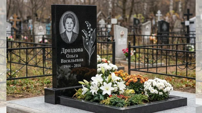 Памятник с гравировкой ландышей — выполненная работа «Дроздова» в Кемерово