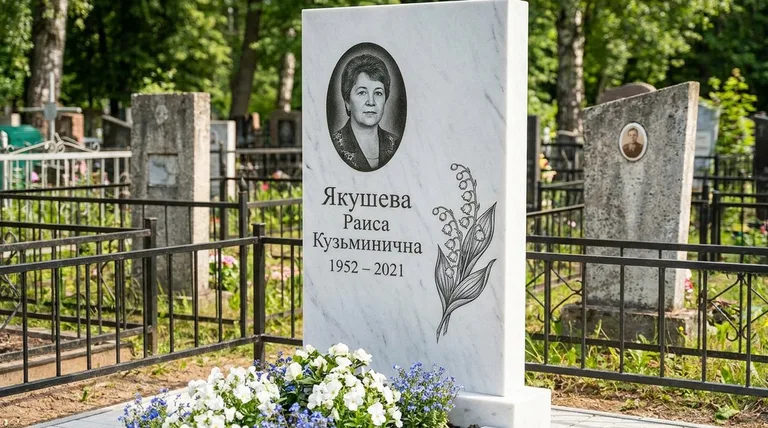 Памятник с гравировкой ландышей — выполненная работа «Якушева» в Кемерово
