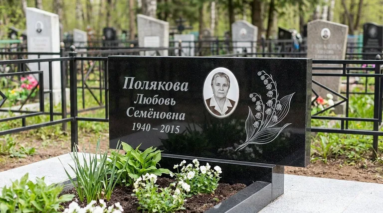 Памятник с гравировкой ландышей — выполненная работа «Полякова» в Кемерово