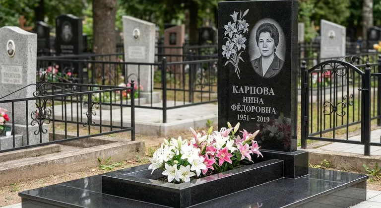 Памятник с гравировкой лилий — выполненная работа «Карпова» в Кемерово