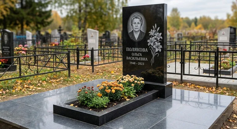Памятник с гравировкой лилий — выполненная работа «Полякова» в Кемерово