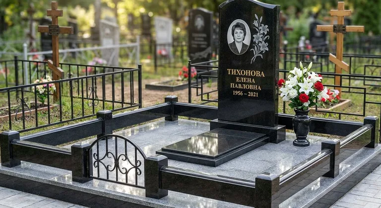Памятник с гравировкой лилий — выполненная работа «Тихонова» в Кемерово