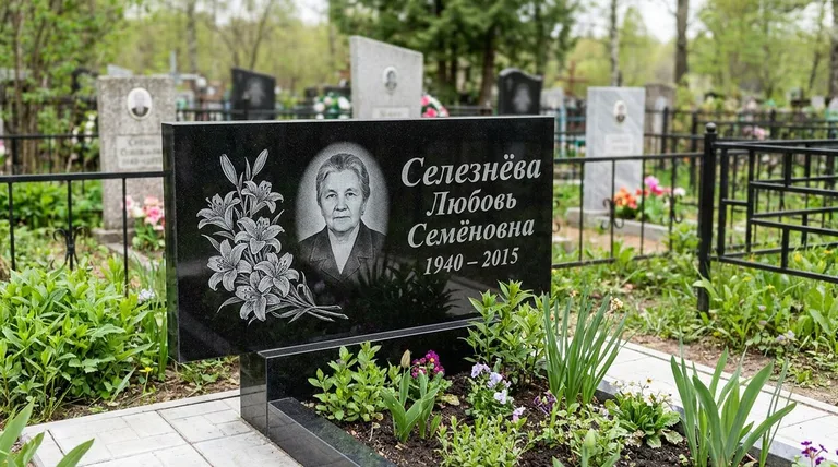 Памятник с гравировкой лилий — выполненная работа «Селезнёва» в Кемерово