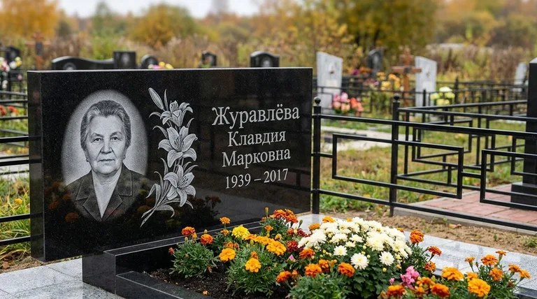 Памятник с гравировкой лилий — выполненная работа «Журавлёва» в Кемерово