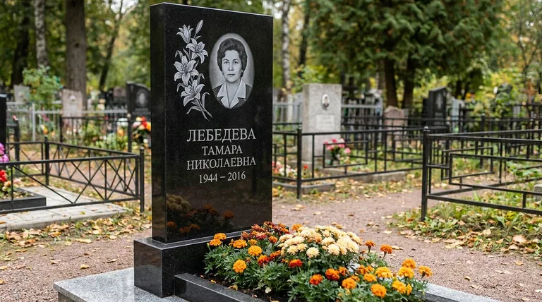 Памятник с гравировкой лилий — выполненная работа «Лебедева» в Кемерово