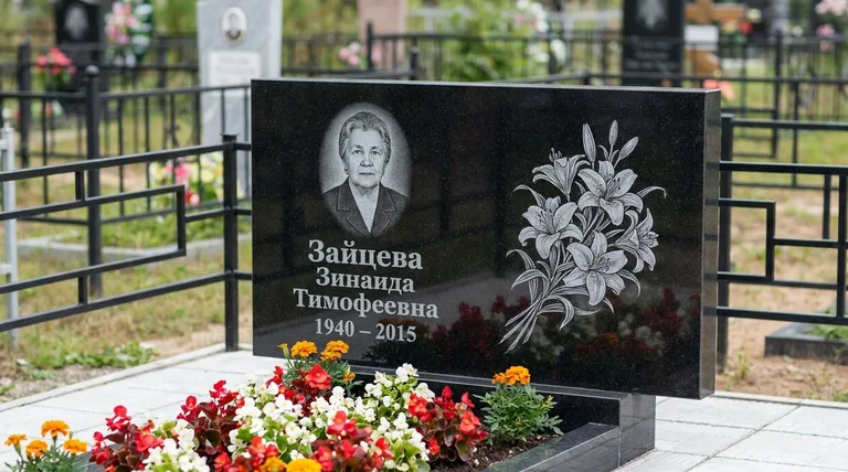 Памятник с гравировкой лилий — выполненная работа «Зайцева» в Кемерово