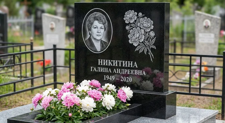 Памятник с гравировкой пионов — выполненная работа «Никитина» в Кемерово