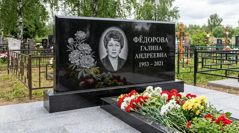 Памятник с гравировкой пионов — выполненная работа «Фёдорова» в Кемерово