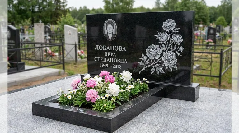 Памятник с гравировкой пионов — выполненная работа «Лобанова» в Кемерово