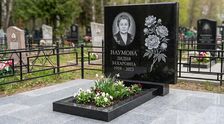 Памятник с гравировкой пионов — выполненная работа «Наумова» в Кемерово
