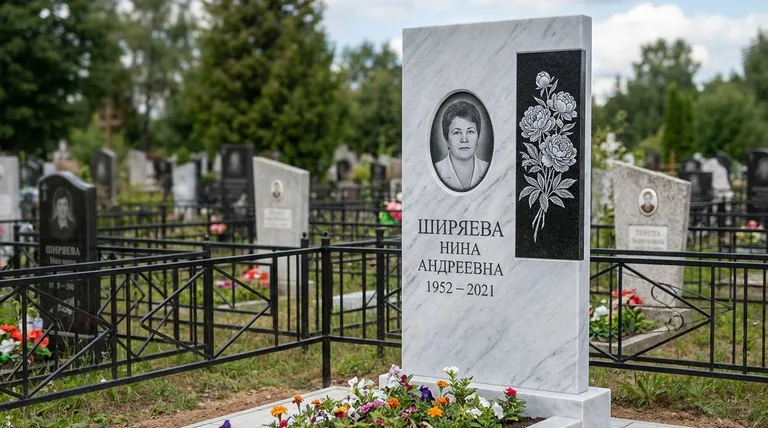 Памятник с гравировкой пионов — выполненная работа «Ширяева» в Кемерово