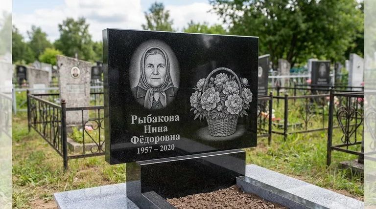 Памятник с гравировкой пионов — выполненная работа «Рыбакова» в Кемерово