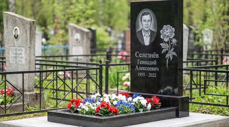 Памятник с гравировкой пионов — выполненная работа «Селезнёв» в Кемерово