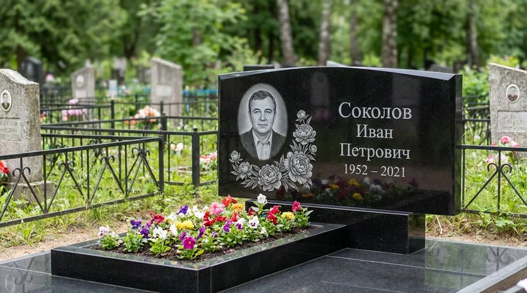Памятник с гравировкой пионов — выполненная работа «Соколов» в Кемерово