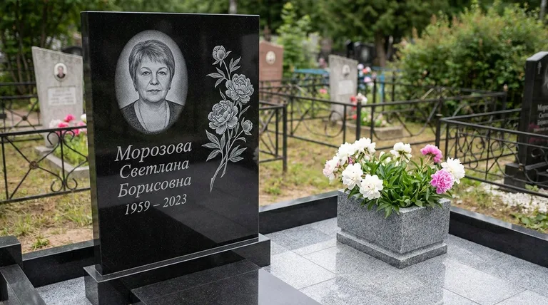 Памятник с гравировкой пионов — выполненная работа «Морозова» в Кемерово