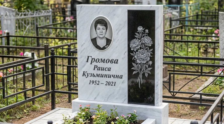 Памятник с гравировкой пионов — выполненная работа «Громова» в Кемерово