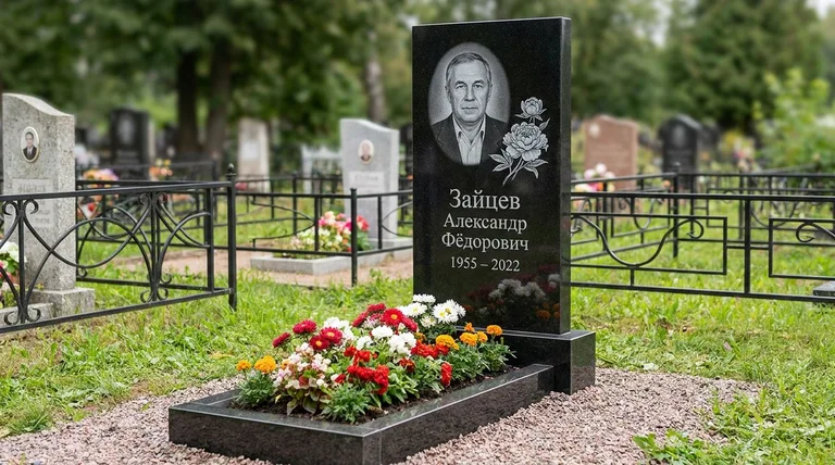 Памятник с гравировкой пионов — выполненная работа «Зайцев» в Кемерово