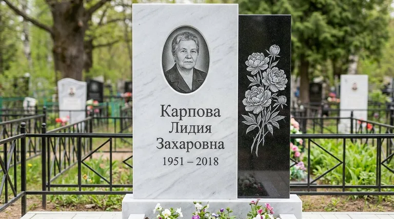 Памятник с гравировкой пионов — выполненная работа «Карпова» в Кемерово
