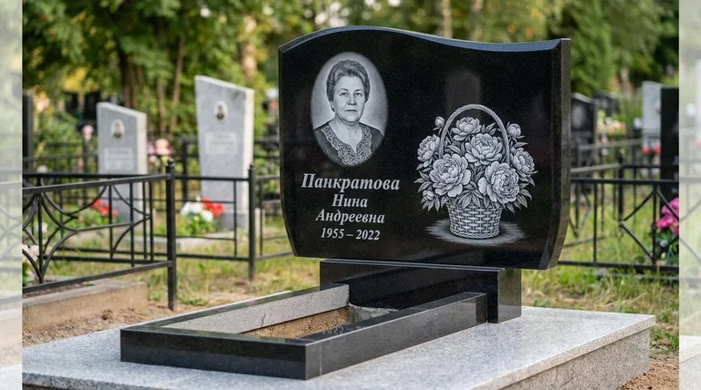 Памятник с гравировкой пионов — выполненная работа «Панкратова» в Кемерово