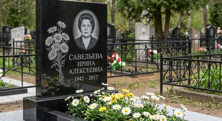 Памятник с гравировкой ромашек — выполненная работа «Савельева» в Кемерово