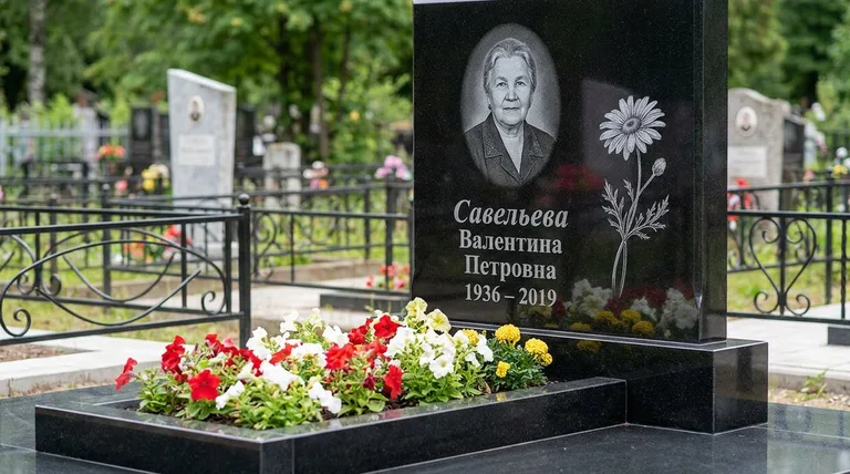 Памятник с гравировкой ромашек — выполненная работа «Савельева» в Кемерово