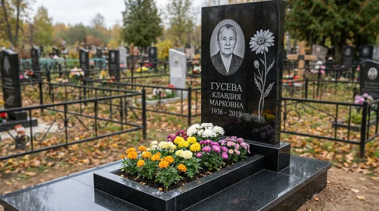 Памятник с гравировкой ромашек — выполненная работа «Гусева» в Кемерово