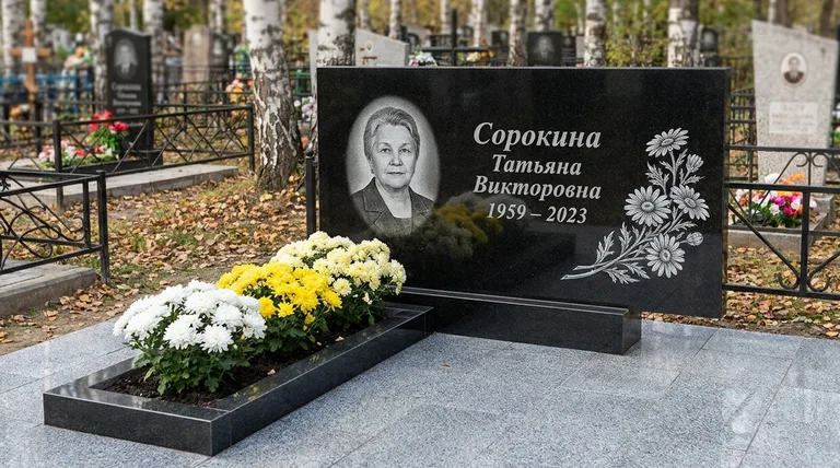 Памятник с гравировкой ромашек — выполненная работа «Сорокина» в Кемерово