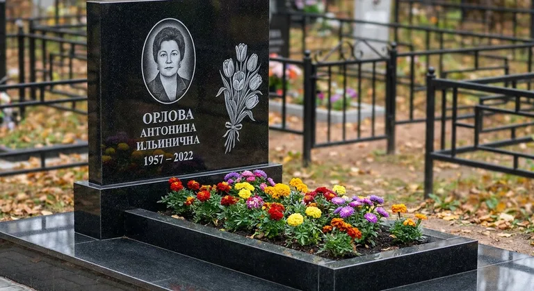Памятник с гравировкой тюльпанов — выполненная работа «Орлова» в Кемерово
