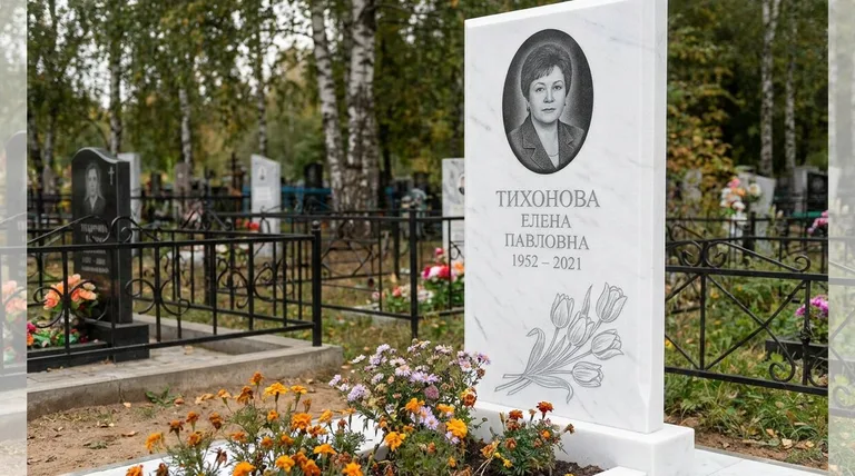 Памятник с гравировкой тюльпанов — выполненная работа «Тихонова» в Кемерово