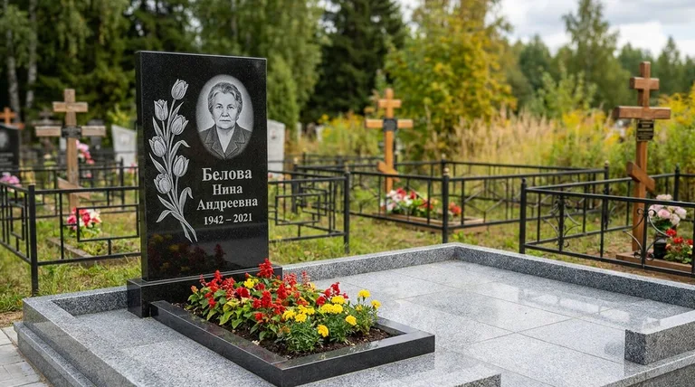 Памятник с гравировкой тюльпанов — выполненная работа «Белова» в Кемерово
