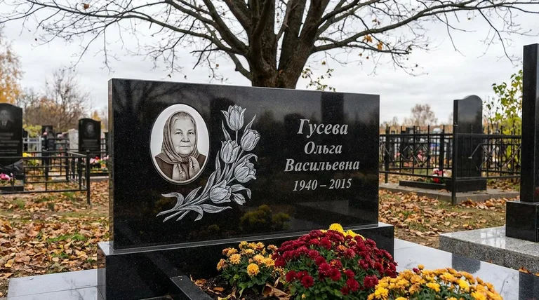 Памятник с гравировкой тюльпанов — выполненная работа «Гусева» в Кемерово