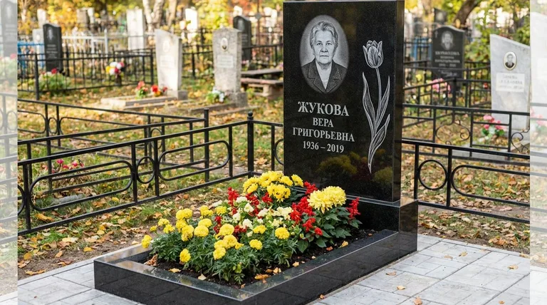 Памятник с гравировкой тюльпанов — выполненная работа «Жукова» в Кемерово