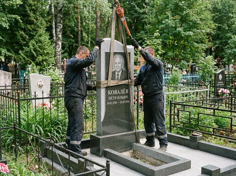 Демонтаж памятника на кладбище в Кемерово — бригада аккуратно снимает старый гранитный памятник с могилы
