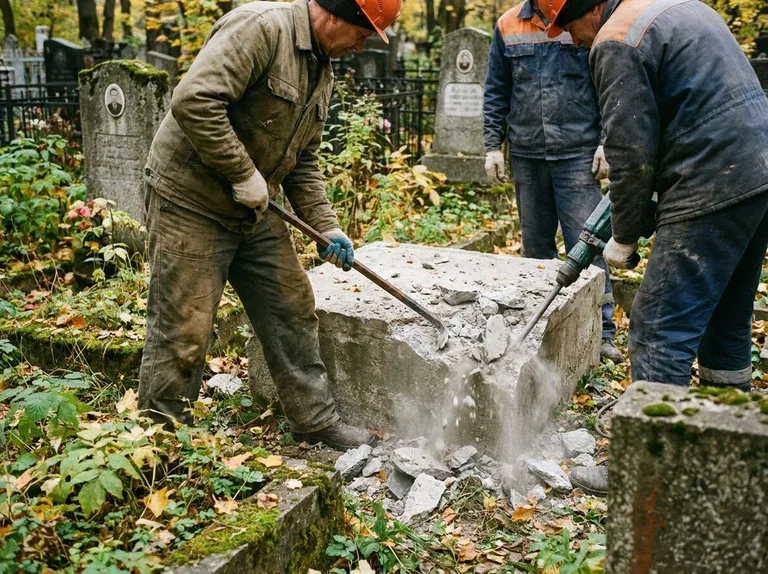 Демонтаж бетонного цоколя и тумбы памятника в Кемерово