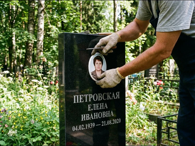 Фото на керамике на памятник в Кемерово — мастер устанавливает овальный керамический портрет на гранитный памятник